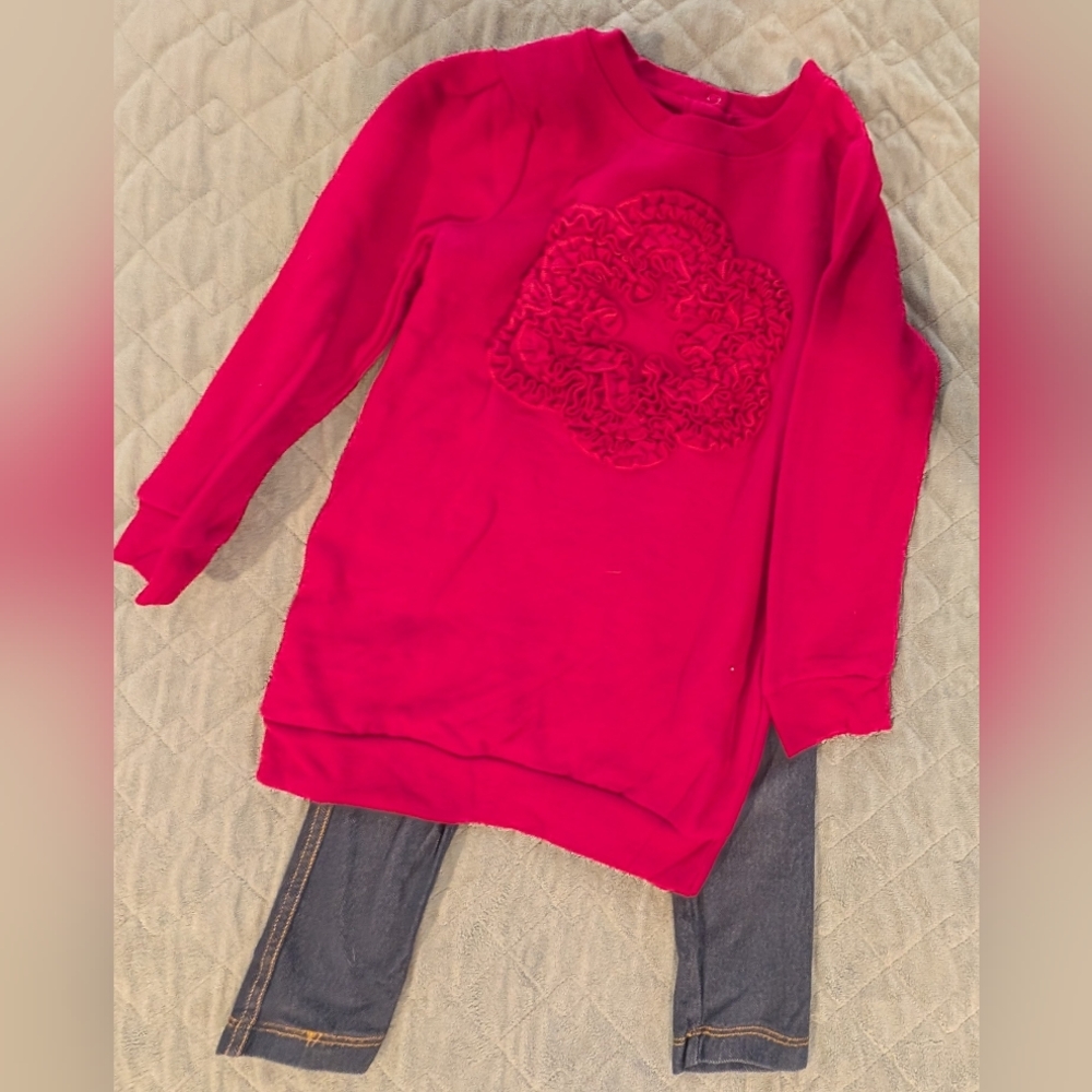 3T Deep Pink Sweater Dress with Floral Design And Jeggings